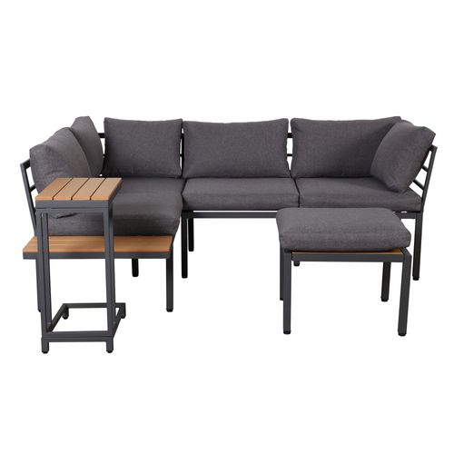 Salon De Jardin, Ensemble Canapé Angle, Table Appoint Et Pouf, Acier Galvanisé, Gris+bois