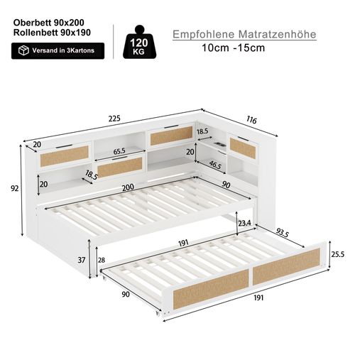 Canapé-lit 90x200 Cm, Lit Gigogne 90x190 Cm, 6 Niches, Prises USB, Pin, Contreplaqué, Mdf, Blanc