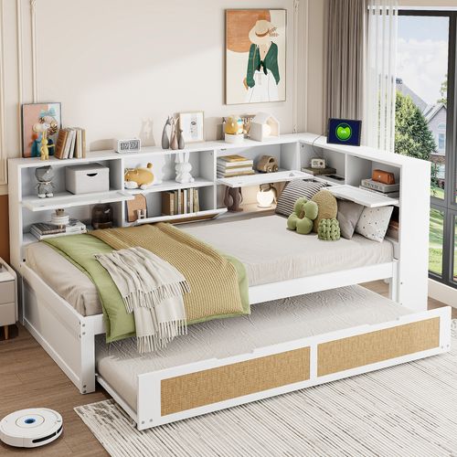 Canapé-lit 90x200 Cm, Lit Gigogne 90x190 Cm, 6 Niches, Prises USB, Pin, Contreplaqué, Mdf, Blanc