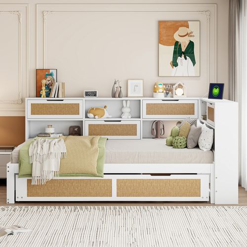 Canapé-lit 90x200 Cm, Lit Gigogne 90x190 Cm, 6 Niches, Prises USB, Pin, Contreplaqué, Mdf, Blanc