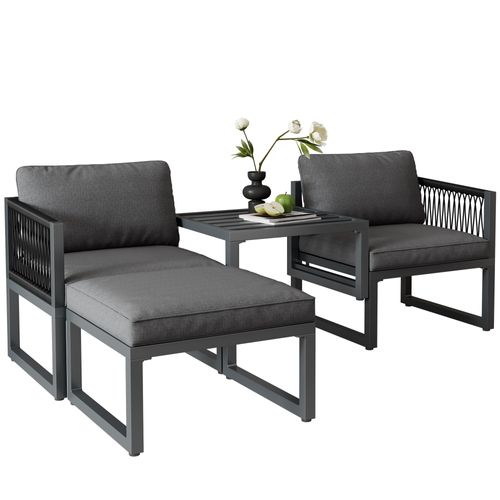 Salon De Jardin Modulable 4 Pièces, Table Réglable, Métal Et Tissu, Gris