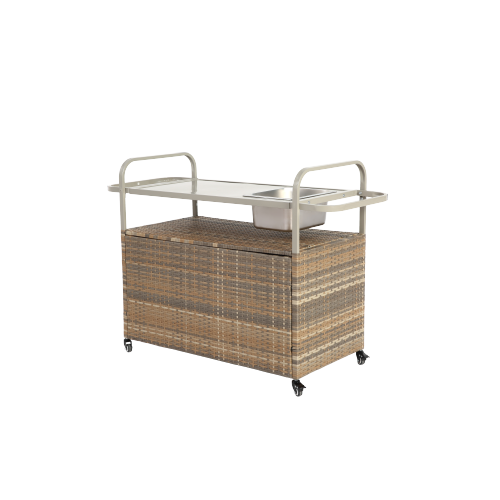 Desserte D’extérieur 131x50x91 Cm, Plateau Acier, Armoire Rotin, Roulettes Blocables, Beige