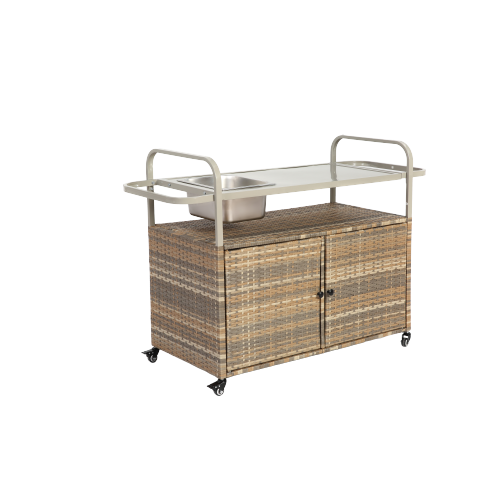 Desserte D’extérieur 131x50x91 Cm, Plateau Acier, Armoire Rotin, Roulettes Blocables, Beige