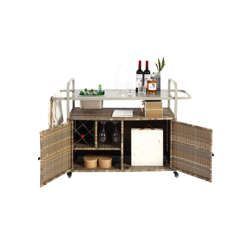 Desserte D’extérieur 131x50x91 Cm, Plateau Acier, Armoire Rotin, Roulettes Blocables, Beige