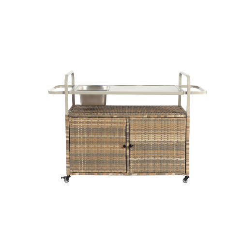 Desserte D’extérieur 131x50x91 Cm, Plateau Acier, Armoire Rotin, Roulettes Blocables, Beige