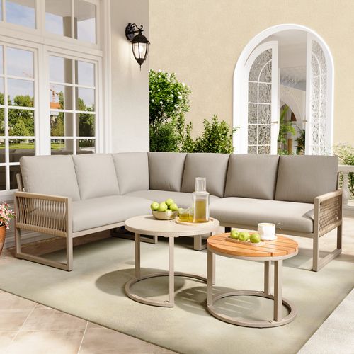 Ensemble De Salon De Jardin Pour 6-7 Personnes, Sofa D'angle, Structure En Acier, Beige