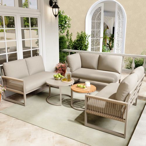 Ensemble De Salon De Jardin Pour 6-7 Personnes, Sofa D'angle, Structure En Acier, Beige