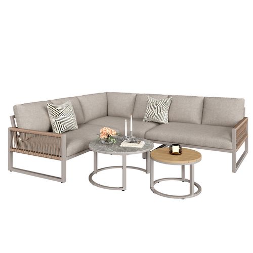 Ensemble De Salon De Jardin Pour 6-7 Personnes, Sofa D'angle, Structure En Acier, Beige