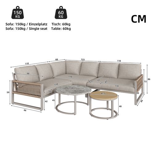 Ensemble De Salon De Jardin Pour 6-7 Personnes, Sofa D'angle, Structure En Acier, Beige