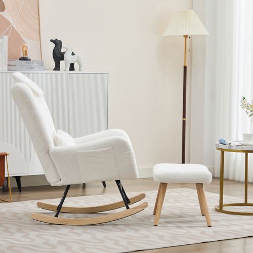 Fauteuil à Bascule 73 X 92 X 102 Cm, Tissu Teddy Avec Repose Pieds, Métal Et Bois, Blanc