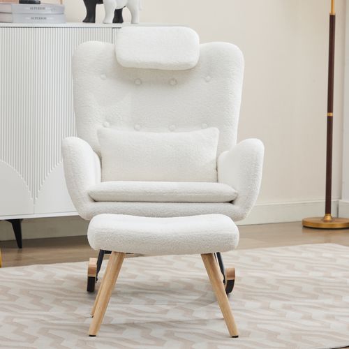 Fauteuil à Bascule 73 X 92 X 102 Cm, Tissu Teddy Avec Repose Pieds, Métal Et Bois, Blanc
