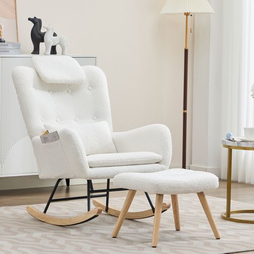 Fauteuil à Bascule 73 X 92 X 102 Cm, Tissu Teddy Avec Repose Pieds, Métal Et Bois, Blanc