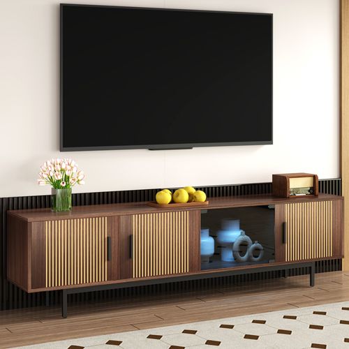Meuble TV 200x35x53cm, 3 Portes, LED, Support En Métal, Mdf+aggloméré, Marron+noir