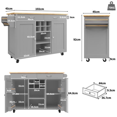 Îlot De Cuisine 102x45x92 Cm, Chariot Avec Roulettes Et Rangement Modulable, Mdf, Métal, Gris+bois