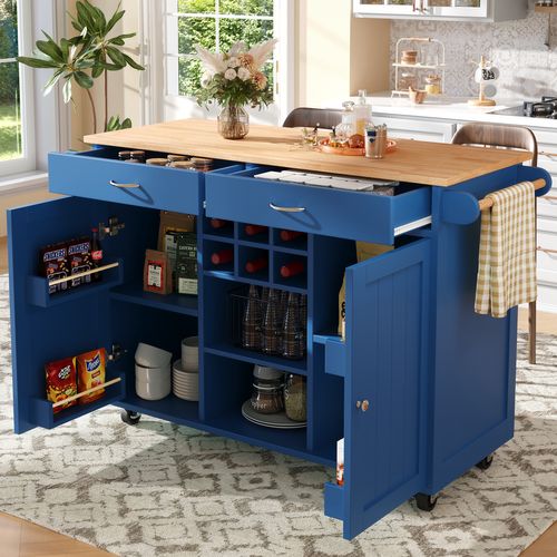 Îlot De Cuisine 102x45x92 Cm, Roulettes, 2 Portes, 2 Tiroirs, Mdf, Métal, Bleu+bois