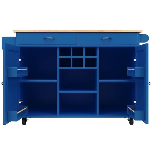 Îlot De Cuisine 102x45x92 Cm, Roulettes, 2 Portes, 2 Tiroirs, Mdf, Métal, Bleu+bois