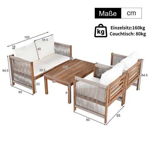 Salon De Jardin 4 Places, Canapé 2 Places Et 2 Fauteuils, Table Basse, Cordage Et Bois, Beige+bois