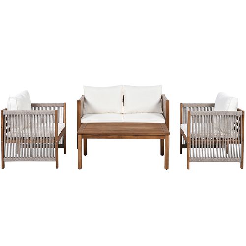 Salon De Jardin 4 Places, Canapé 2 Places Et 2 Fauteuils, Table Basse, Cordage Et Bois, Beige+bois