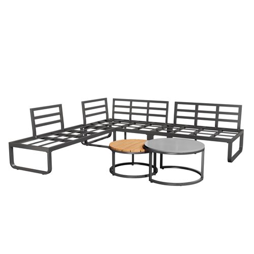 Salon De Jardin, 2 Canapés 2 Places, 2 Tables Basses Rondes, Cadre En Fer Galvanisé, Gris+bois