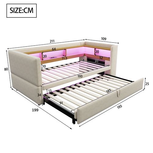 Canapé-lit Convertible, Lit Gigogne 90/180x190 Cm, LED, Prises USB, 4 Niches, Flanelle Beige
