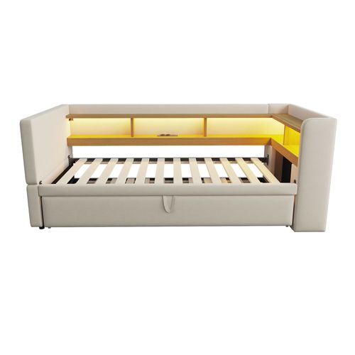 Canapé-lit Convertible, Lit Gigogne 90/180x190 Cm, LED, Prises USB, 4 Niches, Flanelle Beige