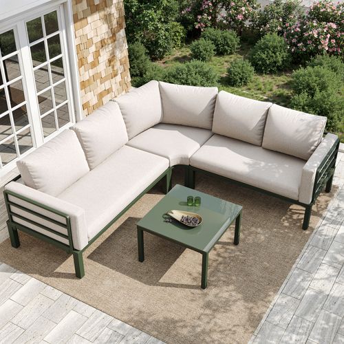 Ensemble De Salon De Jardin Pour 4-5 Personnes, Table Basse En Verre, Acier, Beige