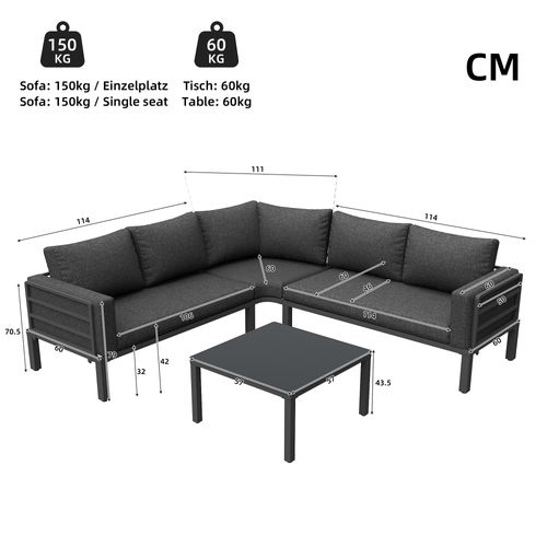 Ensemble De Salon De Jardin Pour 4-5 Personnes, Table Basse En Verre, Acier, Gris Foncé