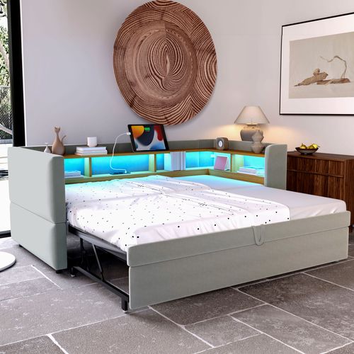 Canapé-lit Convertible, Lit Gigogne 90/180x190 Cm, LED, Prises USB, 4 Niches, Flanelle Gris Clair
