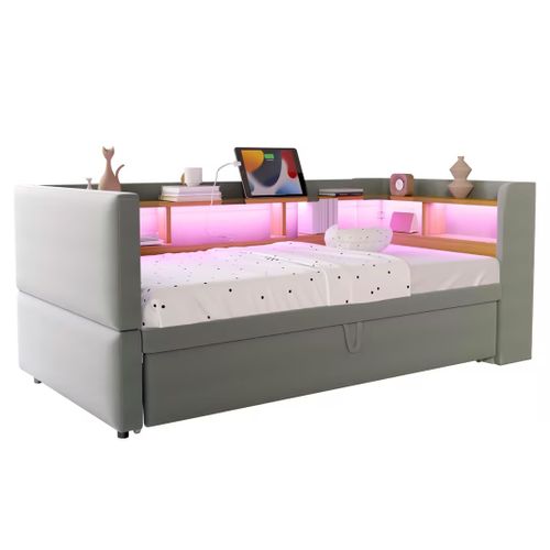 Canapé-lit Convertible, Lit Gigogne 90/180x190 Cm, LED, Prises USB, 4 Niches, Flanelle Gris Clair