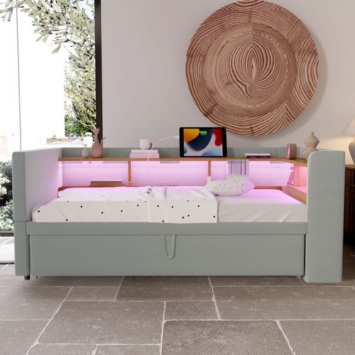 Canapé-lit Convertible, Lit Gigogne 90/180x190 Cm, LED, Prises USB, 4 Niches, Flanelle Gris Clair