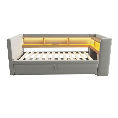Canapé-lit Convertible, Lit Gigogne 90/180x190 Cm, LED, Prises USB, 4 Niches, Flanelle Gris Clair