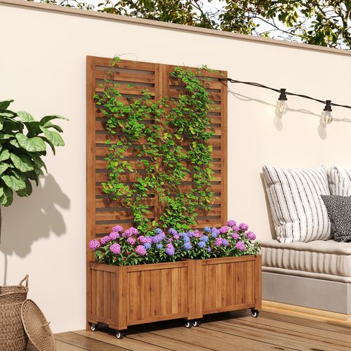 Jardinière Avec Treillis 102x32x150 Cm, Double Jardinière Sur Roues, Bois, Couleur Bois