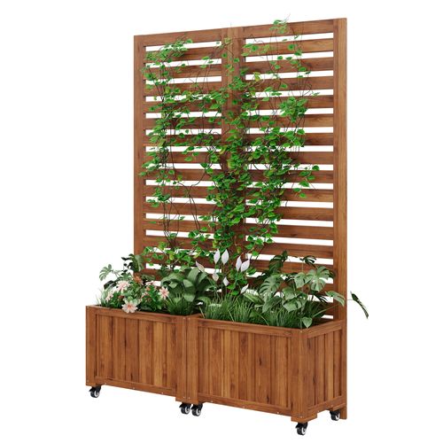 Jardinière Avec Treillis 102x32x150 Cm, Double Jardinière Sur Roues, Bois, Couleur Bois