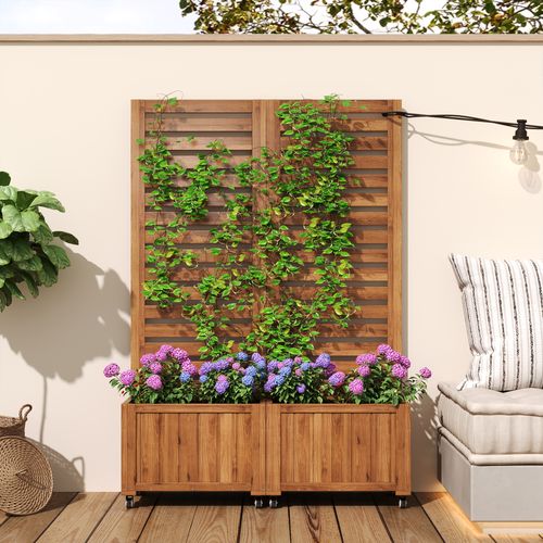 Jardinière Avec Treillis 102x32x150 Cm, Double Jardinière Sur Roues, Bois, Couleur Bois