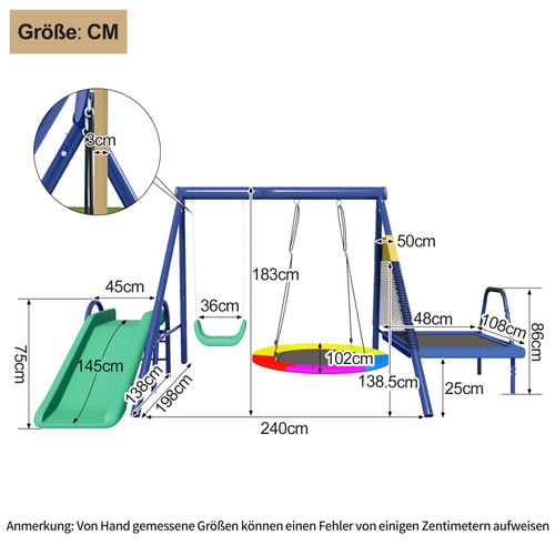 Aire De Jeux Extérieure, Grande Balançoire, Toboggan Trampoline, Acier, Plastique, Bleu Antique