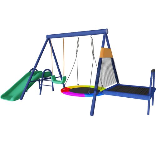 Aire De Jeux Extérieure, Grande Balançoire, Toboggan Trampoline, Acier, Plastique, Bleu Antique