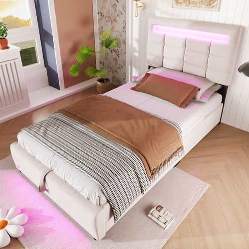 Lit Coffre 90x200 Cm, Rangement Caché, LED, Tête De Lit à Texture Carrée, Mdf, Lin, Beige