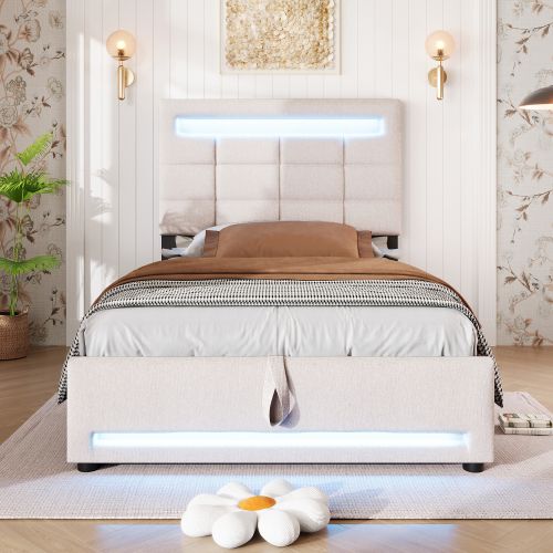 Lit Coffre 90x200 Cm, Rangement Caché, LED, Tête De Lit à Texture Carrée, Mdf, Lin, Beige