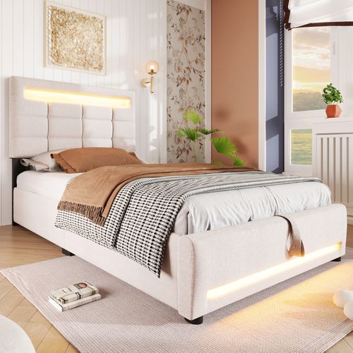 Lit Coffre 90x200 Cm, Rangement Caché, LED, Tête De Lit à Texture Carrée, Mdf, Lin, Beige