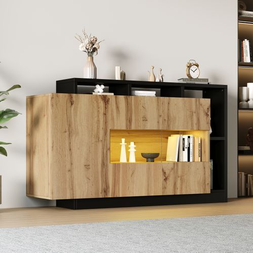 Buffet 140x44x94 Cm, LED, 3 Portes, Rgb Bluetooth Programmable, Acrylique, Mdf, Bois, Noir
