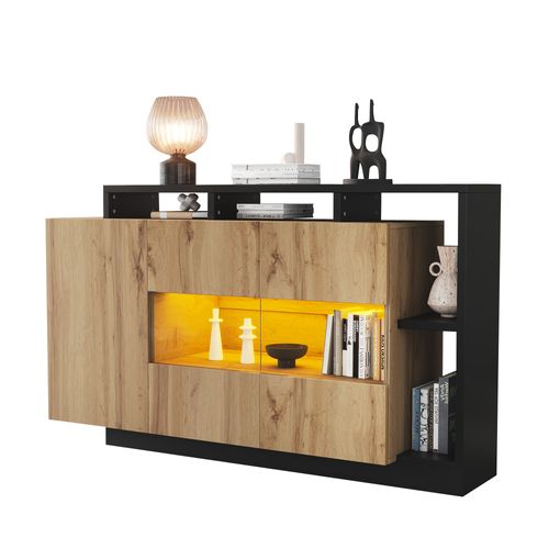 Buffet 140x44x94 Cm, LED, 3 Portes, Rgb Bluetooth Programmable, Acrylique, Mdf, Bois, Noir