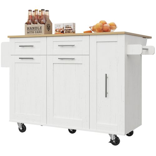 Îlot De Cuisine 134.5x46-74x90.5 Cm, Plan Rabattable, Rangements Extensibles, Mdf, Métal, Blanc+bois