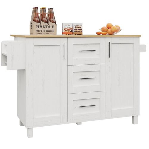 Îlot De Cuisine 135x74x90,8 Cm Avec 3 Tiroirs Et 2 Portes, Plan De Travail Rabattable, Mdf Blanc