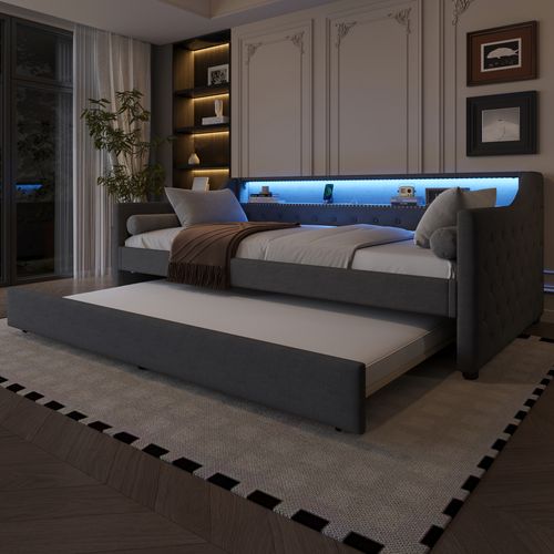 Lit Gigogne 90x200+90x190 Cm, Éclairage LED Pilotable, Prise USB, 2 Couchages, Lin Et Mdf, Gris