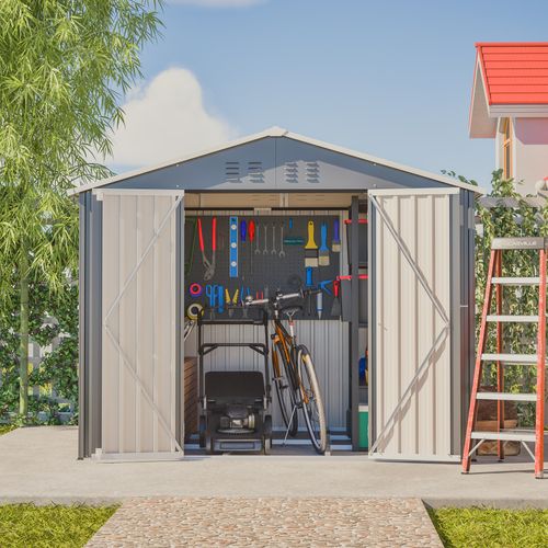 Abri De Jardin Métal 229.4x180x191 Cm, Porte Large 106.5 Cm, Acier Galvanisé, Gris