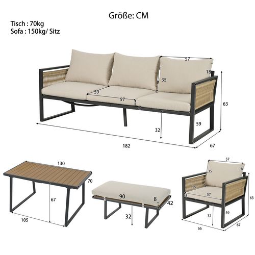Salon De Jardin 5 Pièces, Canapé 3 Places, 2 Fauteuil, Pouf, Table, Acier Galvanisé, Beige+noir+bois