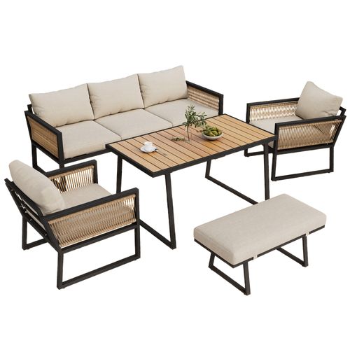 Salon De Jardin 5 Pièces, Canapé 3 Places, 2 Fauteuil, Pouf, Table, Acier Galvanisé, Beige+noir+bois