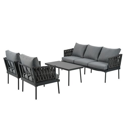 Salon De Jardin 4 Pièces, Canapé 3 Places, Table Basse En Verre, Acier Galvanisé, Gris