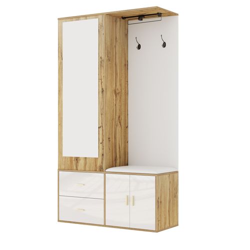 Meuble D'entrée 100x38x180 Cm, Miroir Et Banc Avec Rangement, Panneau De Particules, Blanc+bois