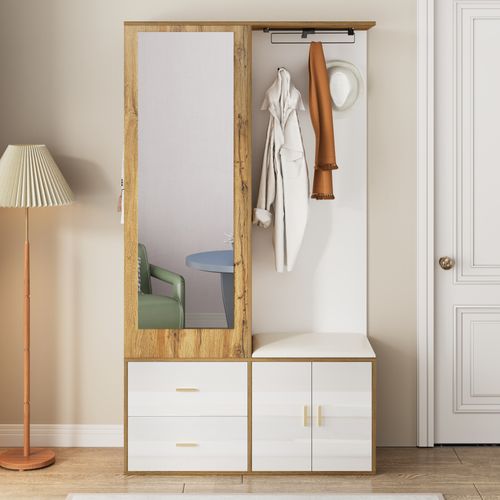 Meuble D'entrée 100x38x180 Cm, Miroir Et Banc Avec Rangement, Panneau De Particules, Blanc+bois